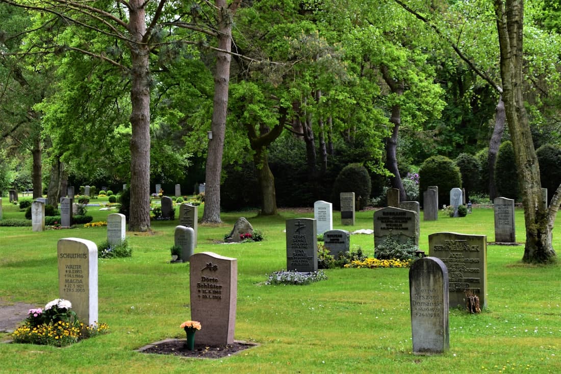 Steles et monuments funeraires en granit dans un cimetiere verdoyant
